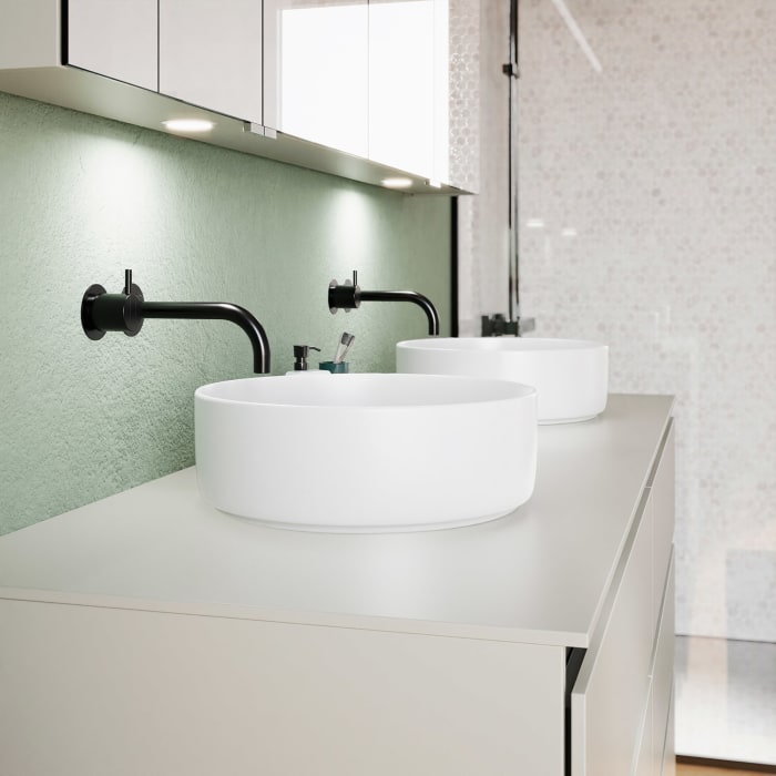 burgbad Lin20 Waschtischunterschrank mit Konsolenplatte 160 cm, 6 Auszüge, Beckenausschnitt links und rechts