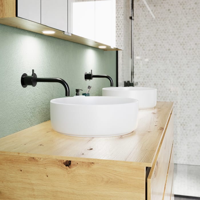 burgbad Lin20 Waschtischunterschrank mit Konsolenplatte 160 cm, 6 Auszüge, Beckenausschnitt links und rechts