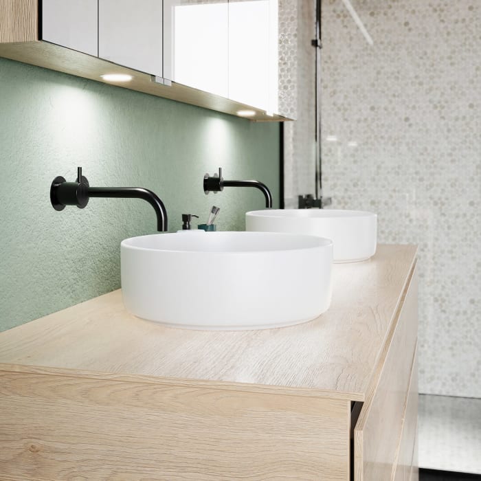 burgbad Lin20 Waschtischunterschrank mit Konsolenplatte 160 cm, 6 Auszüge, Beckenausschnitt links und rechts