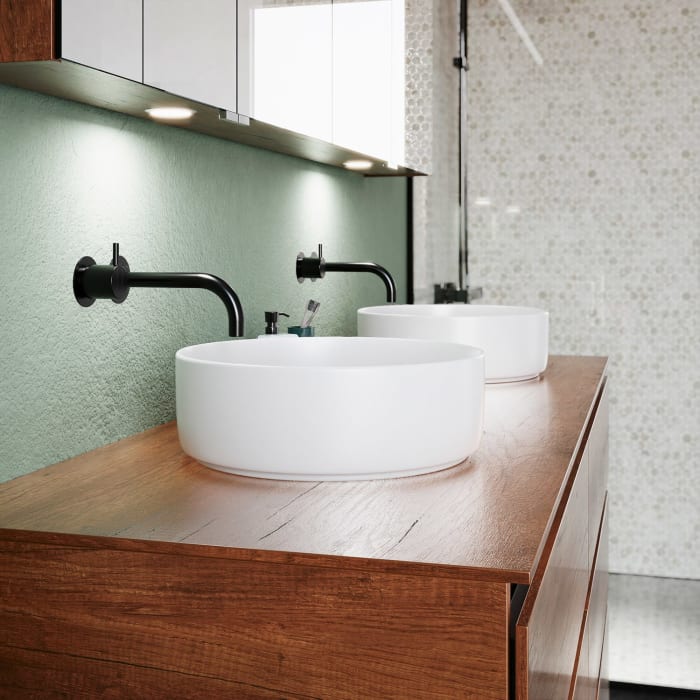 burgbad Lin20 Waschtischunterschrank mit Konsolenplatte 160 cm, 6 Auszüge, Beckenausschnitt links und rechts