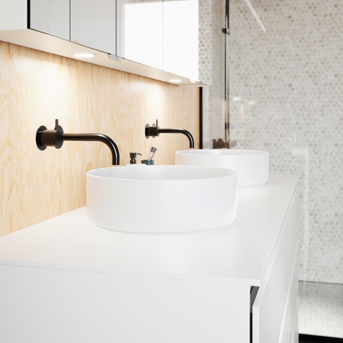 burgbad Lin20 Waschtischunterschrank mit Konsolenplatte 160 cm, 6 Auszüge, Beckenausschnitt links und rechts