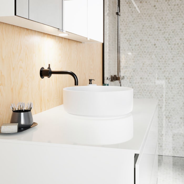 burgbad Lin20 Waschtischunterschrank mit Konsolenplatte 120 cm, 3 Auszüge, Beckenausschnitt mittig