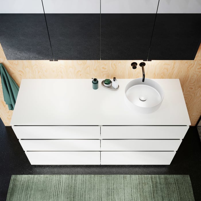 burgbad Lin20 Waschtischunterschrank mit Konsolenplatte 160 cm, 6 Auszüge, Beckenausschnitt rechts