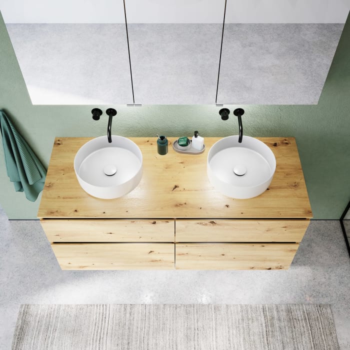 burgbad Lin20 Waschtischunterschrank mit Konsolenplatte 140 cm, 4 Auszüge, Beckenausschnitt links und rechts