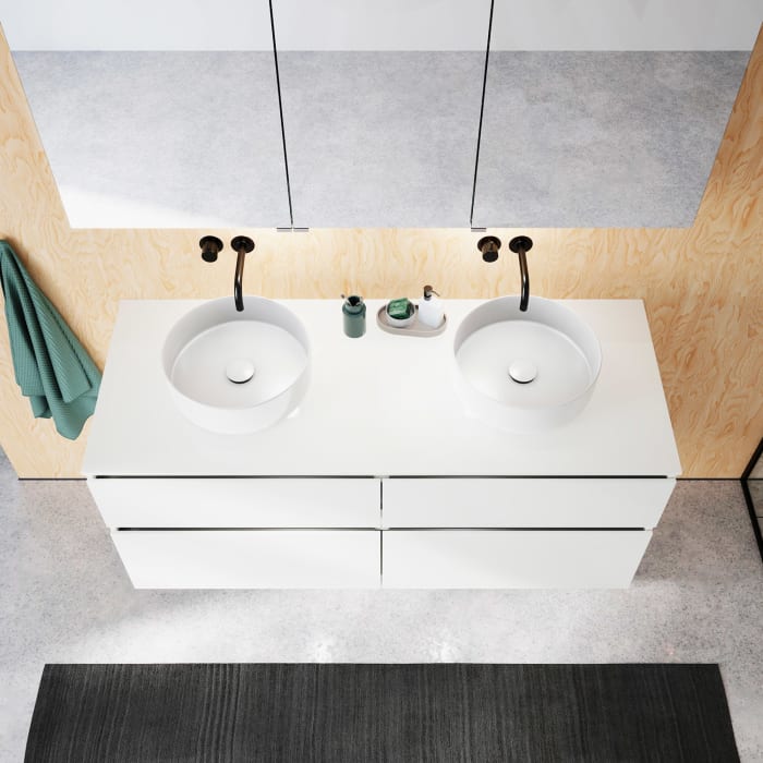 burgbad Lin20 Waschtischunterschrank mit Konsolenplatte 140 cm, 4 Auszüge, Beckenausschnitt links und rechts