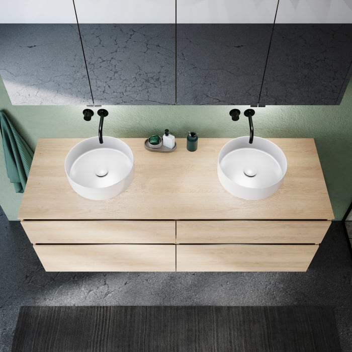 burgbad Lin20 Waschtischunterschrank mit Konsolenplatte 160 cm, 4 Auszüge, Beckenausschnitt links und rechts