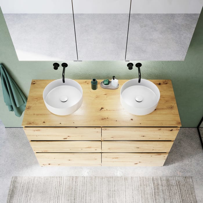 burgbad Lin20 Waschtischunterschrank mit Konsolenplatte 140 cm, 6 Auszüge, Beckenausschnitt links und rechts