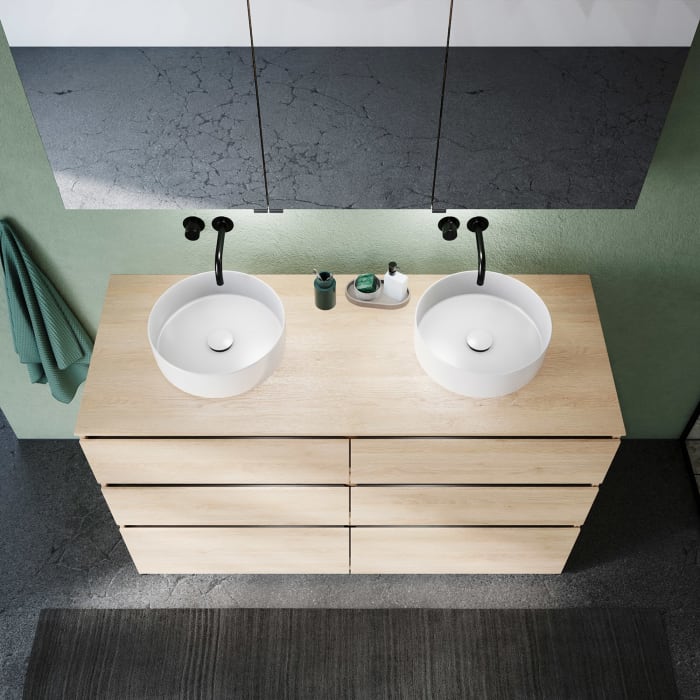 burgbad Lin20 Waschtischunterschrank mit Konsolenplatte 140 cm, 6 Auszüge, Beckenausschnitt links und rechts