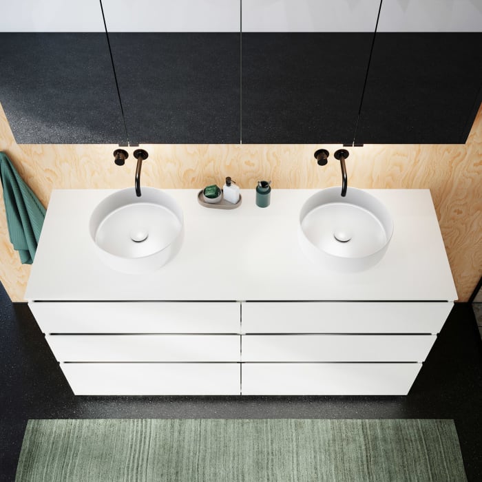 burgbad Lin20 Waschtischunterschrank mit Konsolenplatte 160 cm, 6 Auszüge, Beckenausschnitt links und rechts