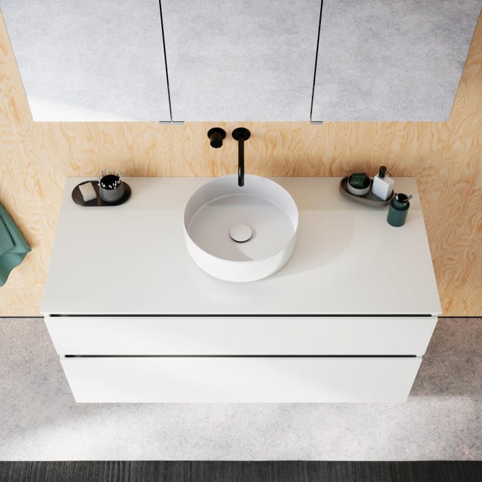 burgbad Lin20 Waschtischunterschrank mit Konsolenplatte 120 cm, 2 Auszüge, Beckenausschnitt mittig