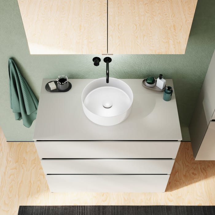 burgbad Lin20 Waschtischunterschrank mit Konsolenplatte 100 cm,  3 Auszüge, Beckenausschnitt mittig