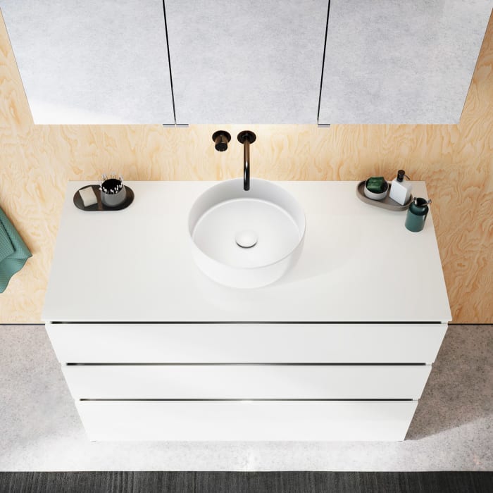 burgbad Lin20 Waschtischunterschrank mit Konsolenplatte 120 cm, 3 Auszüge, Beckenausschnitt mittig