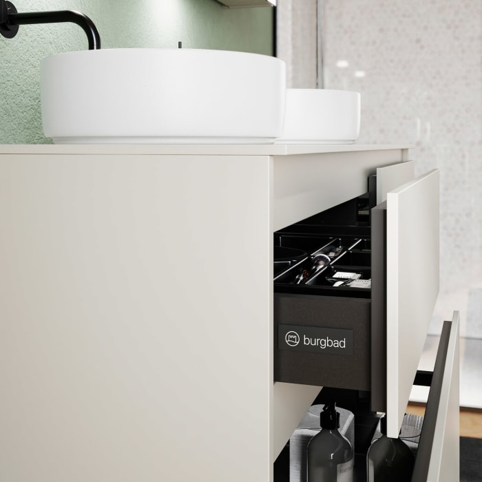 burgbad Lin20 Waschtischunterschrank mit Konsolenplatte 140 cm, 4 Auszüge, Beckenausschnitt links und rechts