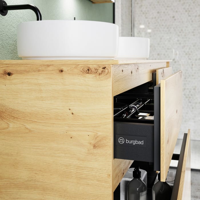 burgbad Lin20 Waschtischunterschrank mit Konsolenplatte 140 cm, 4 Auszüge, Beckenausschnitt links und rechts