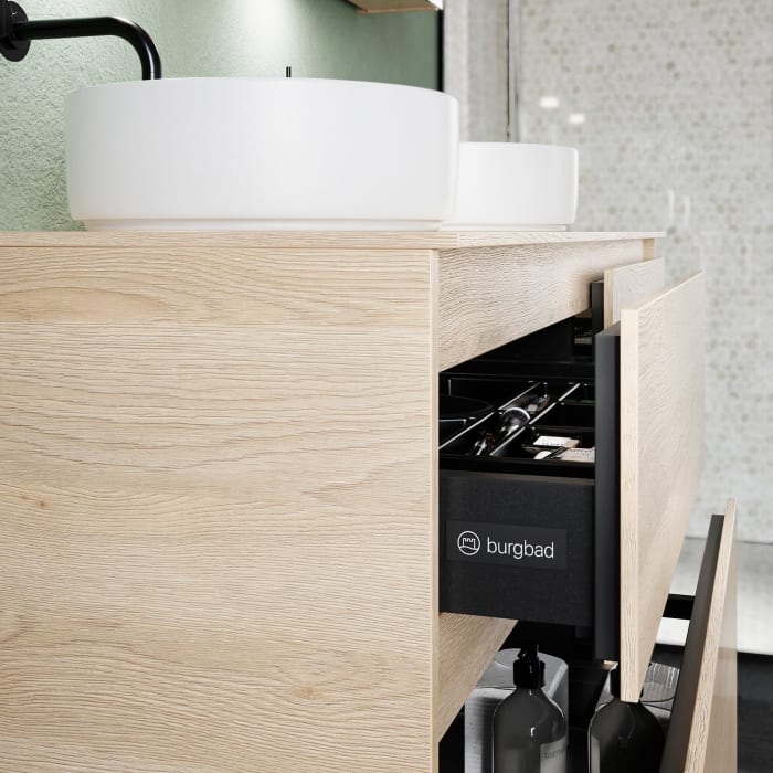 burgbad Lin20 Waschtischunterschrank mit Konsolenplatte 140 cm, 4 Auszüge, Beckenausschnitt links und rechts