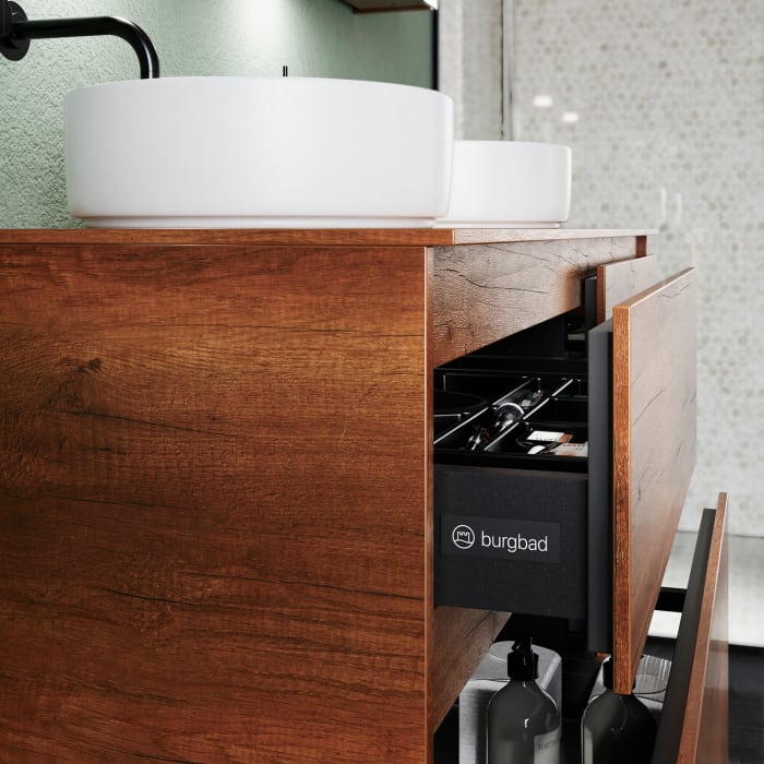 burgbad Lin20 Waschtischunterschrank mit Konsolenplatte 140 cm, 4 Auszüge, Beckenausschnitt links und rechts