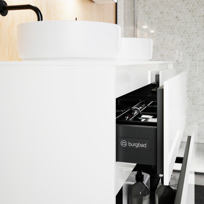 burgbad Lin20 Waschtischunterschrank mit Konsolenplatte 140 cm, 4 Auszüge, Beckenausschnitt links und rechts