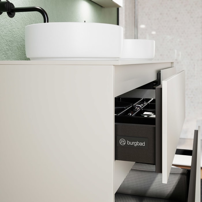 burgbad Lin20 Waschtischunterschrank mit Konsolenplatte 160 cm, 4 Auszüge, Beckenausschnitt links und rechts
