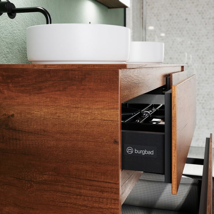 burgbad Lin20 Waschtischunterschrank mit Konsolenplatte 160 cm, 4 Auszüge, Beckenausschnitt links und rechts