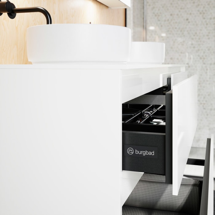 burgbad Lin20 Waschtischunterschrank mit Konsolenplatte 160 cm, 4 Auszüge, Beckenausschnitt links und rechts