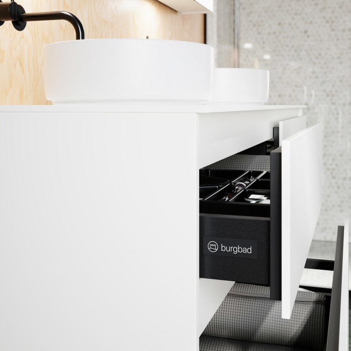 burgbad Lin20 Waschtischunterschrank mit Konsolenplatte 160 cm, 4 Auszüge, Beckenausschnitt links und rechts