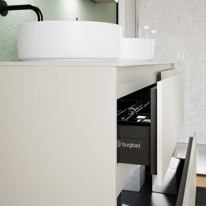 burgbad Lin20 Waschtischunterschrank mit Konsolenplatte 140 cm, 6 Auszüge, Beckenausschnitt links und rechts