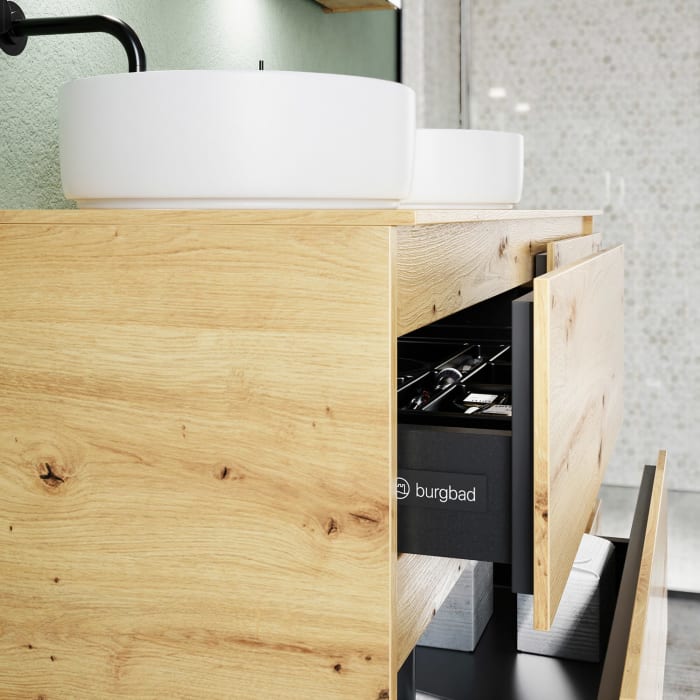 burgbad Lin20 Waschtischunterschrank mit Konsolenplatte 140 cm, 6 Auszüge, Beckenausschnitt links und rechts