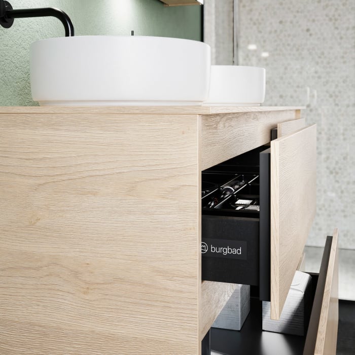 burgbad Lin20 Waschtischunterschrank mit Konsolenplatte 140 cm, 6 Auszüge, Beckenausschnitt links und rechts
