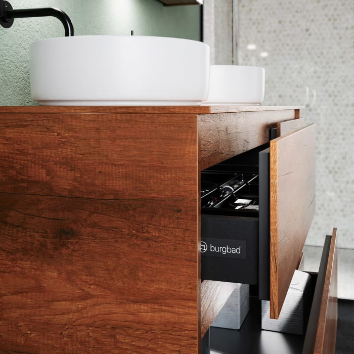 burgbad Lin20 Waschtischunterschrank mit Konsolenplatte 140 cm, 6 Auszüge, Beckenausschnitt links und rechts