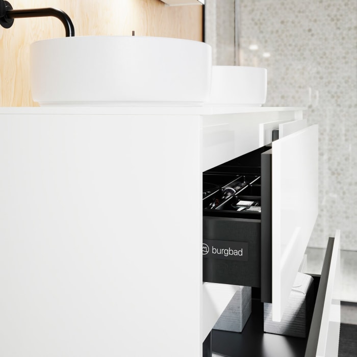 burgbad Lin20 Waschtischunterschrank mit Konsolenplatte 140 cm, 6 Auszüge, Beckenausschnitt links und rechts