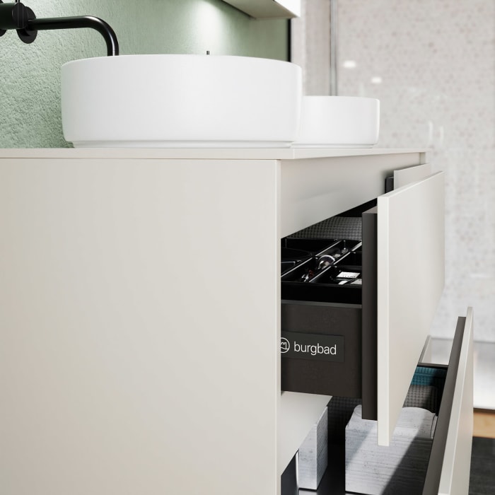 burgbad Lin20 Waschtischunterschrank mit Konsolenplatte 160 cm, 6 Auszüge, Beckenausschnitt links und rechts