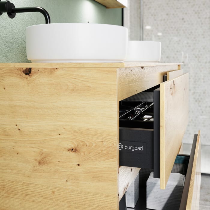 burgbad Lin20 Waschtischunterschrank mit Konsolenplatte 160 cm, 6 Auszüge, Beckenausschnitt links und rechts