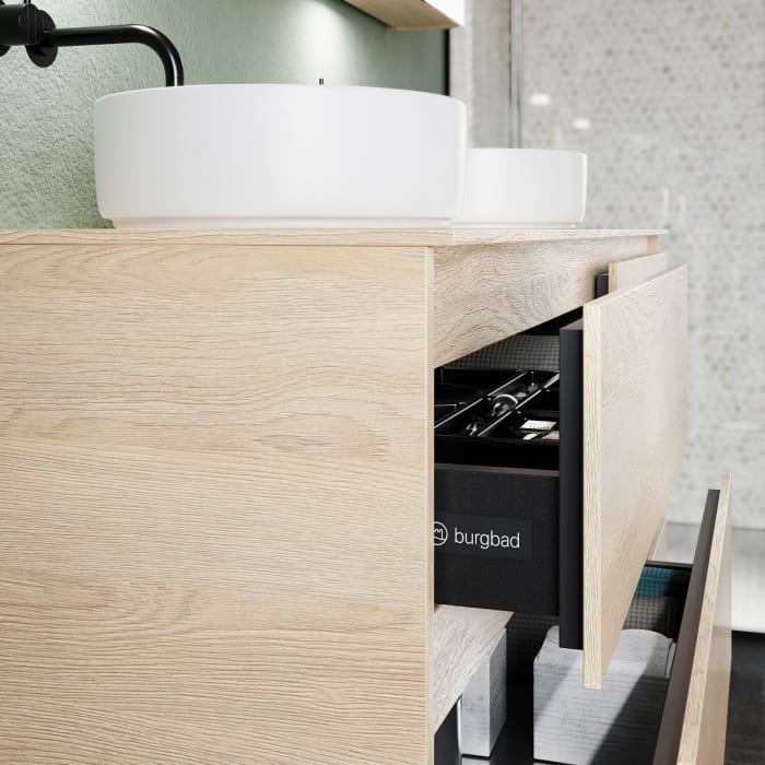 burgbad Lin20 Waschtischunterschrank mit Konsolenplatte 160 cm, 6 Auszüge, Beckenausschnitt links und rechts