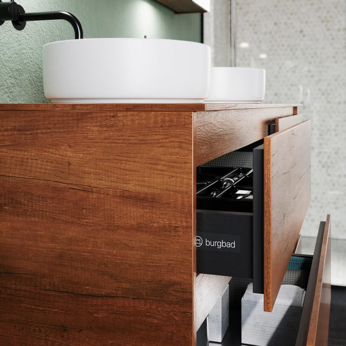 burgbad Lin20 Waschtischunterschrank mit Konsolenplatte 160 cm, 6 Auszüge, Beckenausschnitt links und rechts