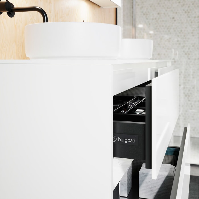 burgbad Lin20 Waschtischunterschrank mit Konsolenplatte 160 cm, 6 Auszüge, Beckenausschnitt links und rechts
