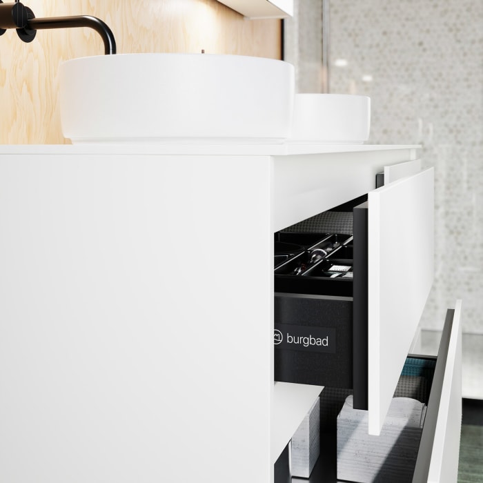 burgbad Lin20 Waschtischunterschrank mit Konsolenplatte 160 cm, 6 Auszüge, Beckenausschnitt links und rechts
