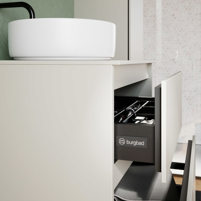 burgbad Lin20 Waschtischunterschrank mit Konsolenplatte 60 cm,  2 Auszüge, Beckenausschnitt mittig
