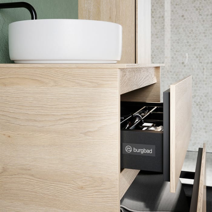 burgbad Lin20 Waschtischunterschrank mit Konsolenplatte 60 cm, 2 Auszüge, Beckenausschnitt mittig