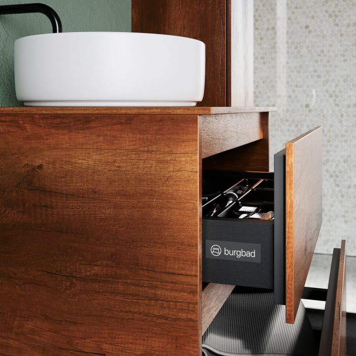 burgbad Lin20 Waschtischunterschrank mit Konsolenplatte 60 cm, 2 Auszüge, Beckenausschnitt mittig