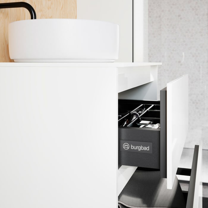 burgbad Lin20 Waschtischunterschrank mit Konsolenplatte 60 cm, 2 Auszüge, Beckenausschnitt mittig