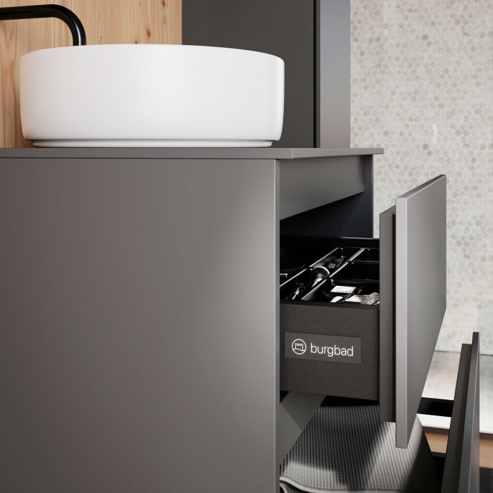 burgbad Lin20 Waschtischunterschrank mit Konsolenplatte 60 cm, 2 Auszüge, Beckenausschnitt mittig