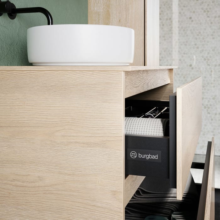 burgbad Lin20 Waschtischunterschrank mit Konsolenplatte 80 cm, 2 Auszüge, Beckenausschnitt mittig