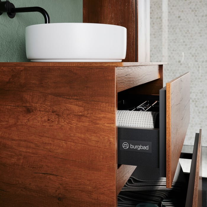 burgbad Lin20 Waschtischunterschrank mit Konsolenplatte 80 cm, 2 Auszüge, Beckenausschnitt mittig