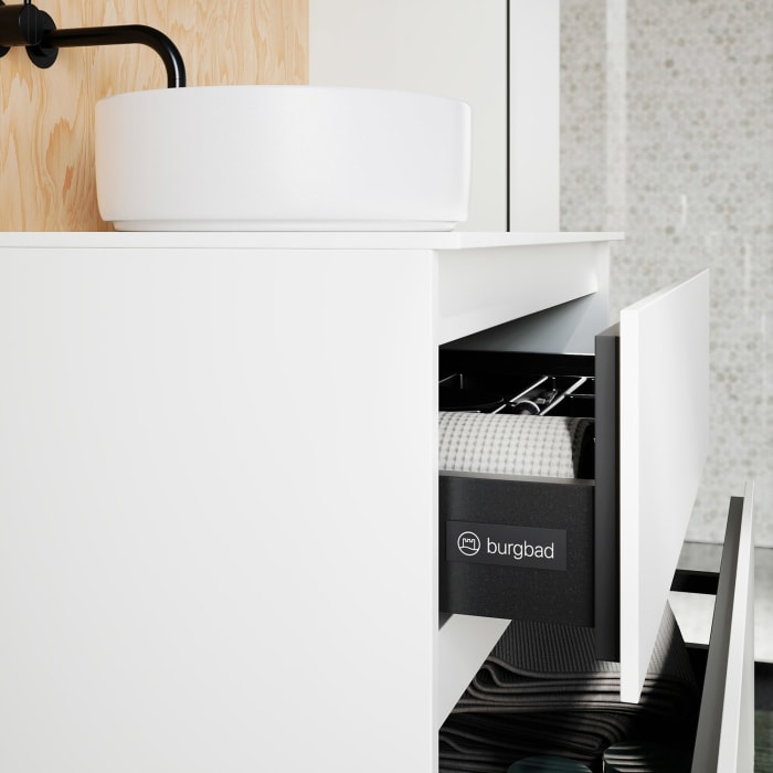 burgbad Lin20 Waschtischunterschrank mit Konsolenplatte 80 cm, 2 Auszüge, Beckenausschnitt mittig