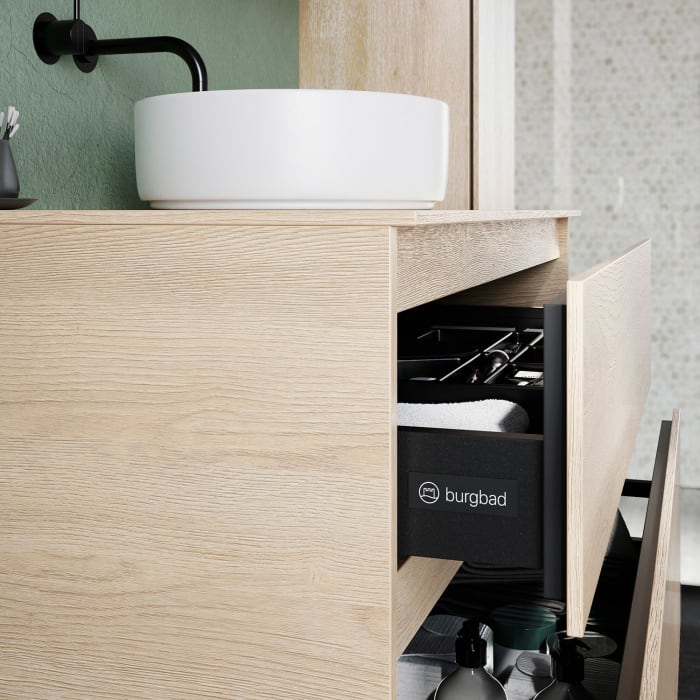 burgbad Lin20 Waschtischunterschrank mit Konsolenplatte 100 cm, 2 Auszüge, Beckenausschnitt mittig