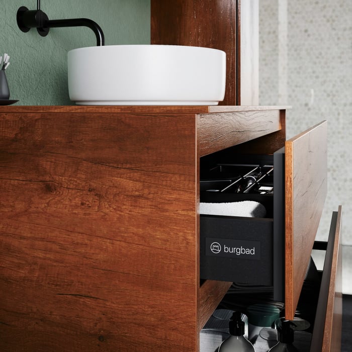 burgbad Lin20 Waschtischunterschrank mit Konsolenplatte 100 cm, 2 Auszüge, Beckenausschnitt mittig