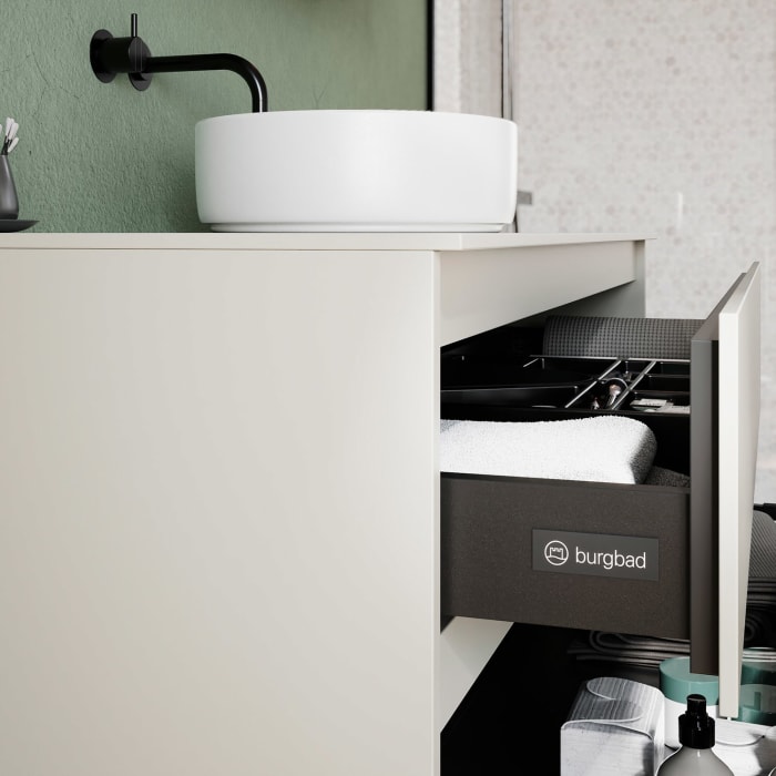 burgbad Lin20 Waschtischunterschrank mit Konsolenplatte 120 cm,  2 Auszüge, Beckenausschnitt mittig