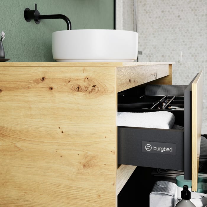 burgbad Lin20 Waschtischunterschrank mit Konsolenplatte 120 cm, 2 Auszüge, Beckenausschnitt mittig