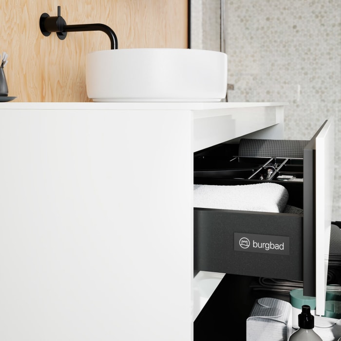 burgbad Lin20 Waschtischunterschrank mit Konsolenplatte 120 cm, 2 Auszüge, Beckenausschnitt mittig