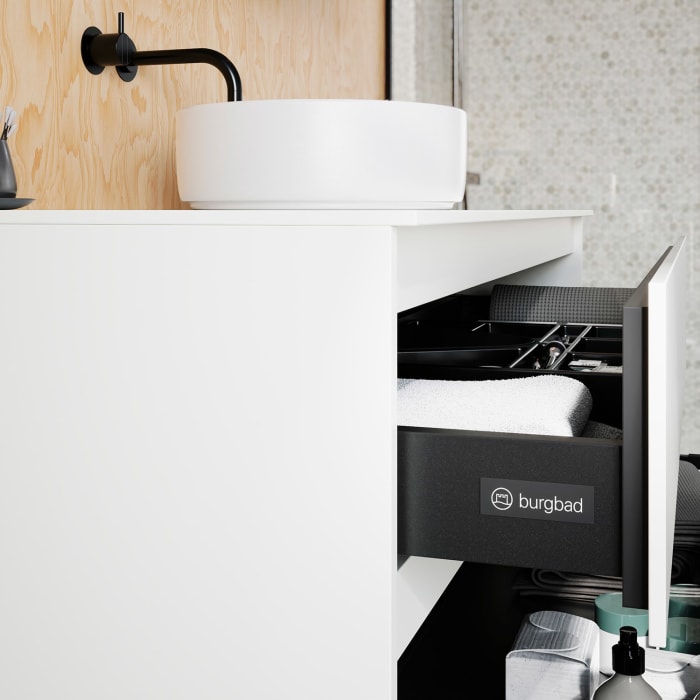 burgbad Lin20 Waschtischunterschrank mit Konsolenplatte 120 cm, 2 Auszüge, Beckenausschnitt mittig